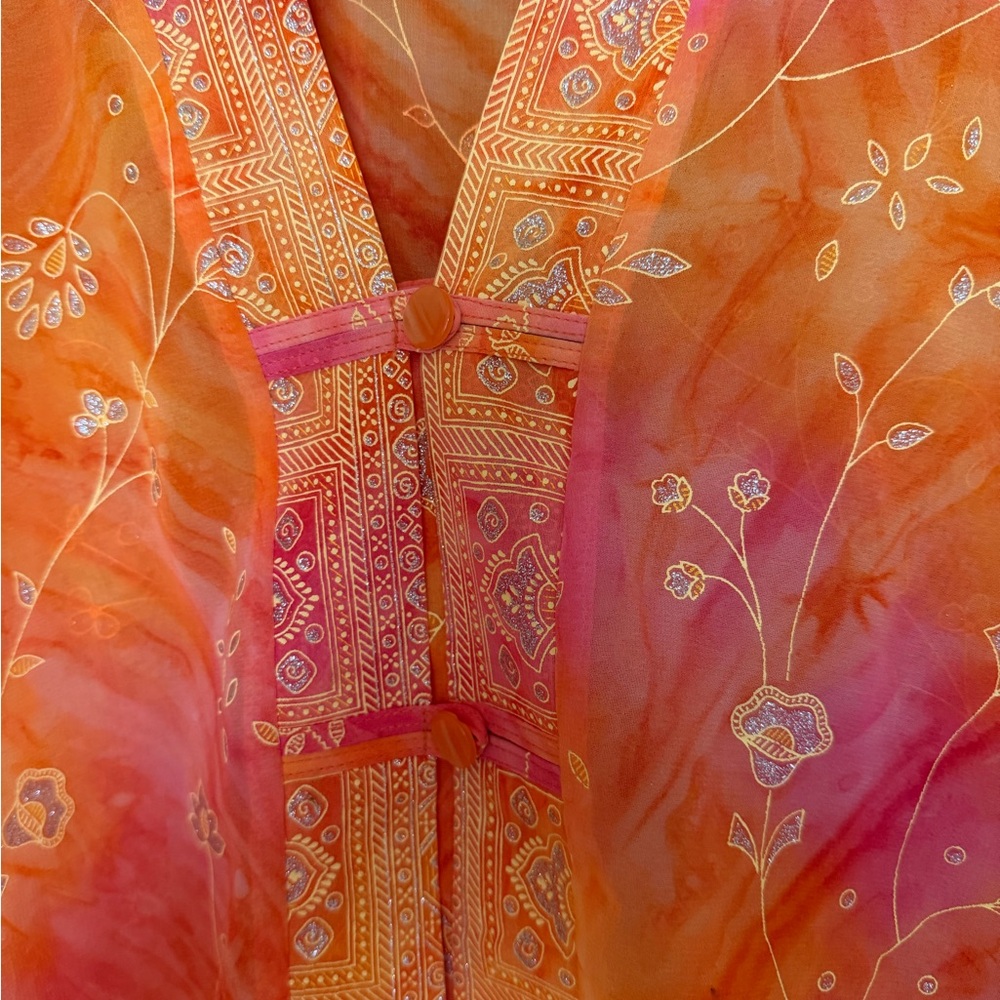 Vibrant Orange and Pink Floral print mandarin collar - Picture 2 of 10